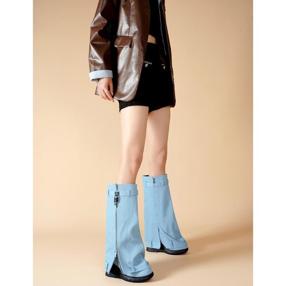 Women Denim Blue Pointy Pull-on Wedge Heel Knee Shark Padlock Design Shark Boot - Picture 4 of 6